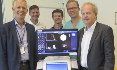 Bilde av: Fra venstre; Professor Otto Smiseth (OUS), professor Eigil Samset (GEVU), Gunnar Hansen (GEVU), lege og stipendiat Øyvind Lie (OUS), professor Thor Edvardsen (OUS). GEVU er forkortelse for GE Vingmed Ultrasound.